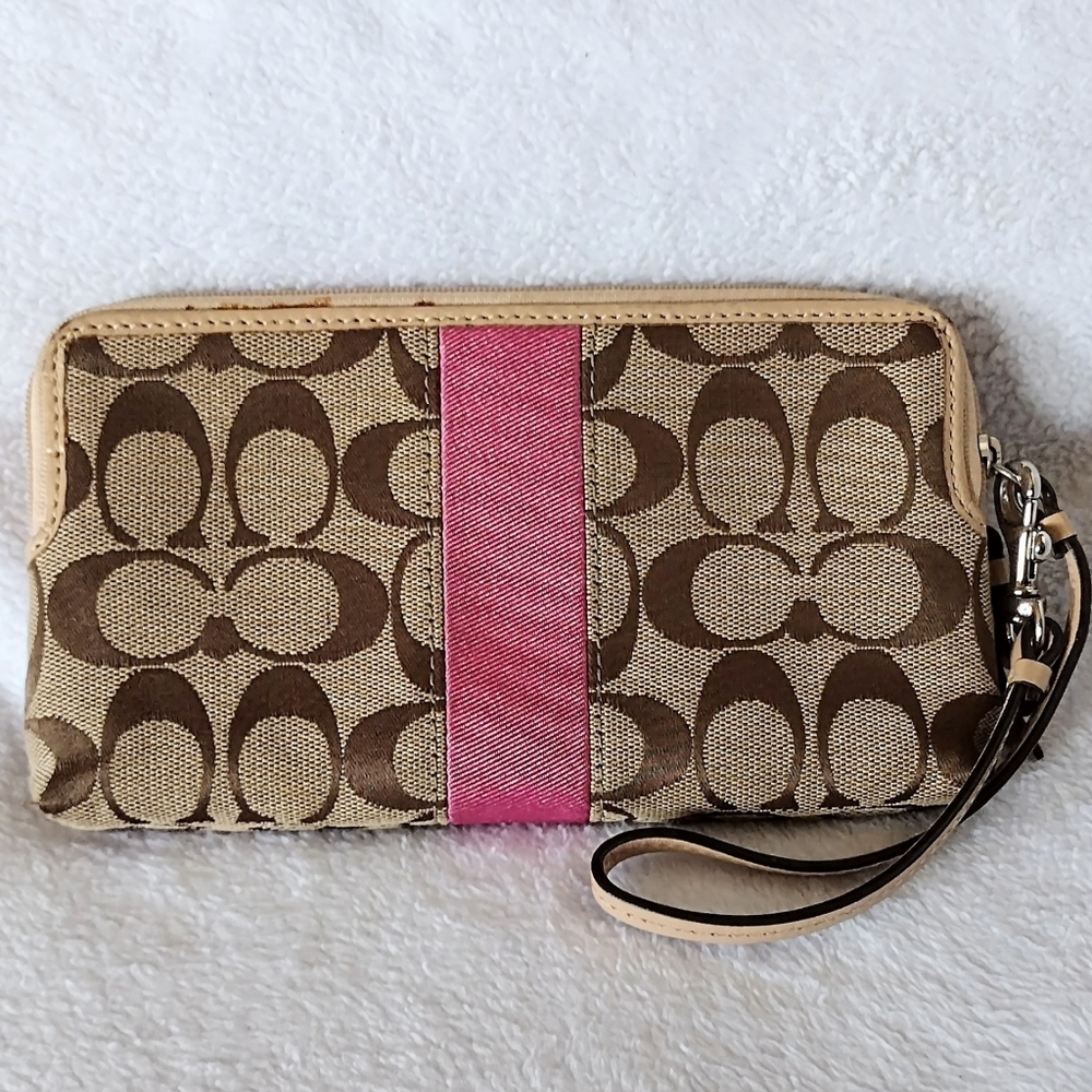 💗 Coach Y2K Khaki Pink Signature Stripe 12CM Double Zip Wristlet Wallet - Picture 6 of 10